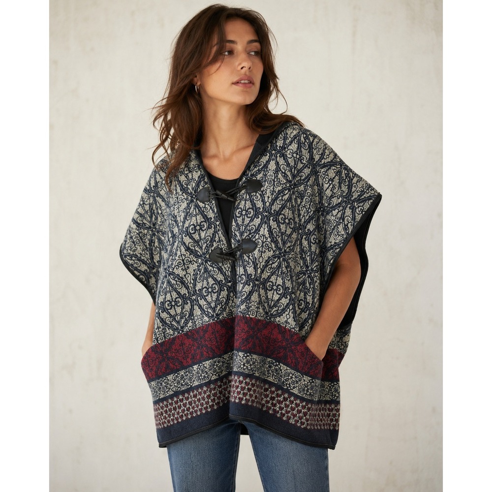 Womens Hooded Toggle Poncho Wrap Damask Paisley‎ Navy Red Grey Oversized Cape